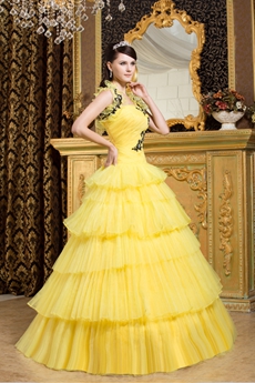 Strapless Ball Gown Yellow Organza Quinceanera Dress With Black Appliques 