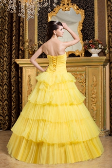 Strapless Ball Gown Yellow Organza Quinceanera Dress With Black Appliques 