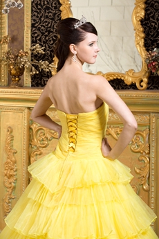 Strapless Ball Gown Yellow Organza Quinceanera Dress With Black Appliques 