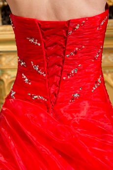 Cute Red Organza Ball Gown Sweet 15 Dress With Folded Handwork