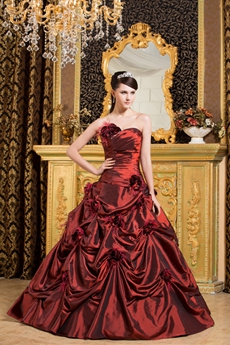 Sweetheart Ball Gown Burgundy Taffeta Sweet 15 Dress With Feathers