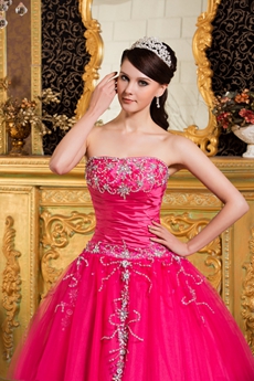 Best Strapless Ball Gown Hot Pink Tulle Sweet 15 Dress With Diamonds 