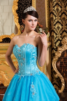 Cheap Sweetheart Blue Organza Ball Gown Sweet 15 Dress 