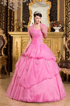 Beautiful Sweetheart Pink Organza Ball Gown Sweet 15 Dress With Short Sleeves Bolero 