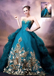 2016 Special Sweetheart Ball Gown Teal Quinceanera Dress With Gold Feather 