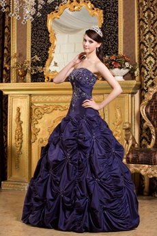 modest Strapless Royal Purple Taffeta Sweet XV Dress With Embroidery 
