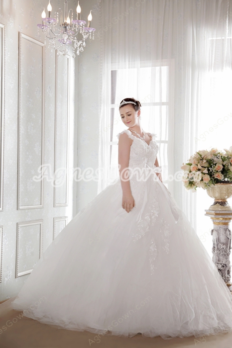 Fairytale Straps White Tulle Princess Wedding Dress With Appliques 