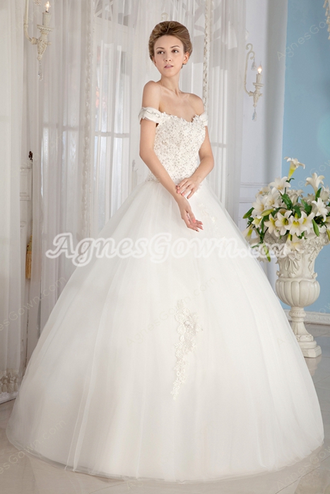 Off The Shoulder White Tulle Ball Gown Wedding Dress Basque Waist  