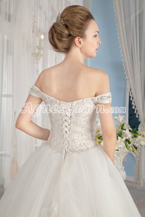 Off The Shoulder White Tulle Ball Gown Wedding Dress Basque Waist  