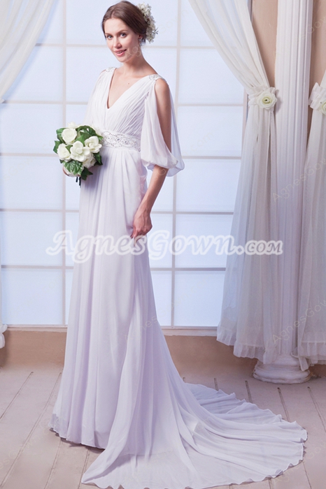 3/4 Sleeves A-line Full Length Chiffon Beach Wedding Dress 