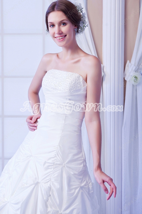 Puffy Tea Length Taffeta Summer Wedding Dress With Clear Beads 