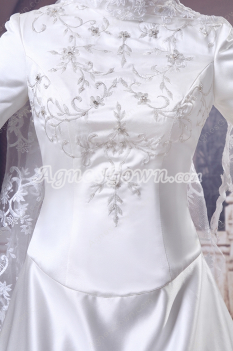 Graceful High Neckline Full Sleeves Embroidery Satin Wedding Dress For Muslim Brides 