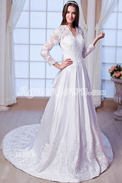 V-Neckline Long Sleeves A-line Winter Lace Wedding Dress 