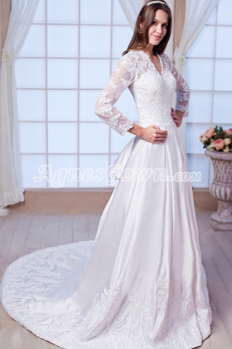 V-Neckline Long Sleeves A-line Winter Lace Wedding Dress 