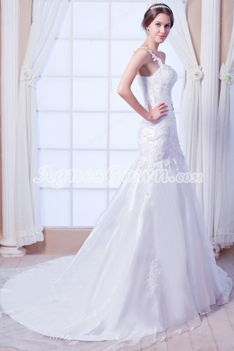 One Straps A-line Organza Dropped Waist Plus Size Wedding Gown