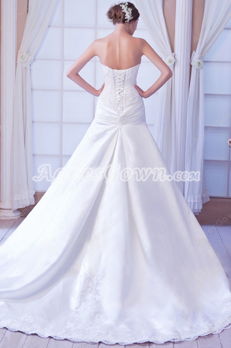 Dropped Waist A-line Satin And Lace Plus Size Wedding Dress 