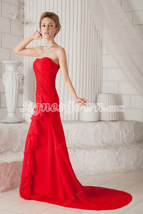 Modern A-line Full Length Red Chiffon Prom Dress With Frills 