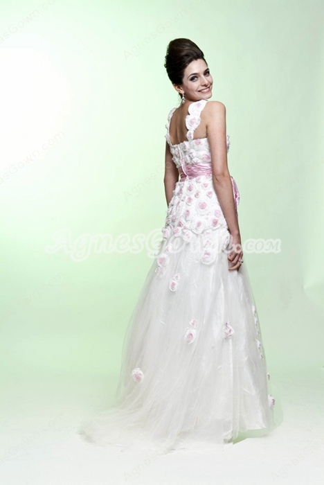 Straps Puffy Floor Length White Tulle Princess Quinceanera Dress With 3d Flowers 