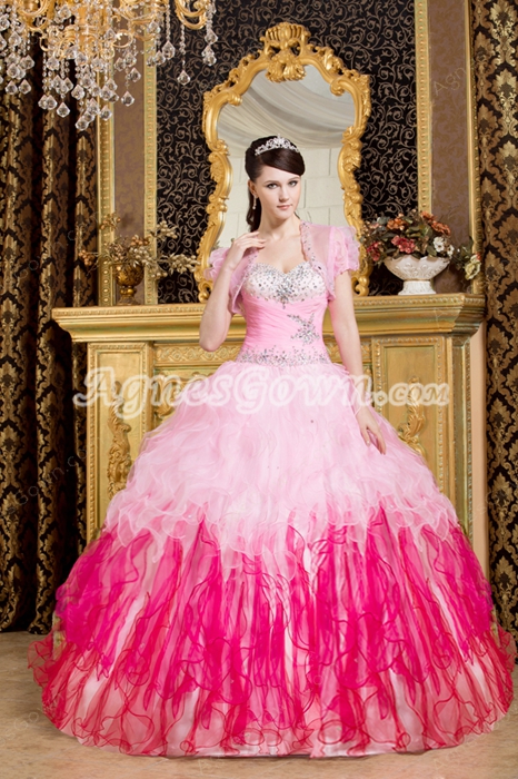 Lovely Sweetheart Colorful Pink And Fuchsia Organza Rainbow Quince Dress 