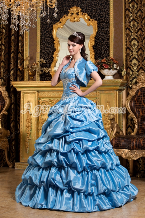 Beautiful Sweetheart Ball Gown Blue Taffeta Vestidos de Quinceanera Dress With Bolero
