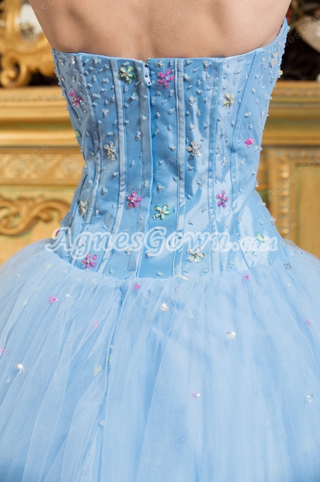 Colorful Beads Strapless Ball Gown Baby Blue Quinceanera Dress 