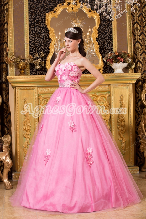 Sweetheart Puffy Pink Tulle Princess Quinceanera Dress With 3d Flowers