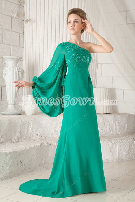 Graceful One Shoulder Long Sleeves Green Chiffon Mother Of The Bride Dress 