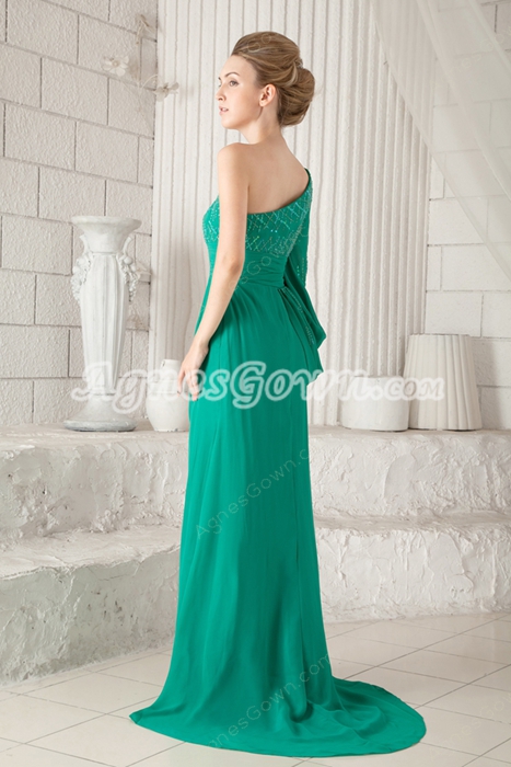 Graceful One Shoulder Long Sleeves Green Chiffon Mother Of The Bride Dress 