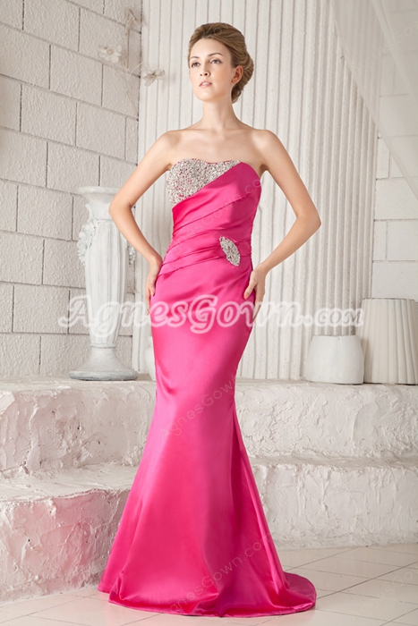 Glamour Dipped Neckline Sheath Full Length Hot Pink Satin Prom Dress 