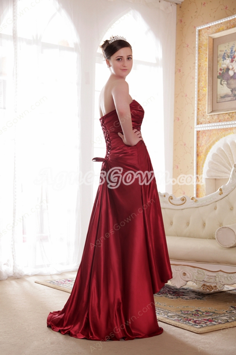 Sweetheart A-line Full Length Red Satin Prom Gown 