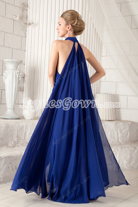 Casual Halter Column Ankle Length Royal Blue Chiffon Maxi Evening Dress 