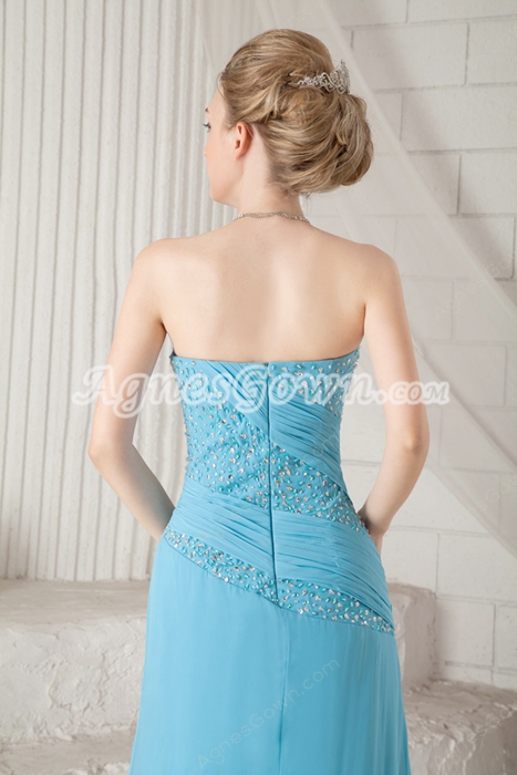 Column Full Length Blue Chiffon Prom Dress With Great Handwork 