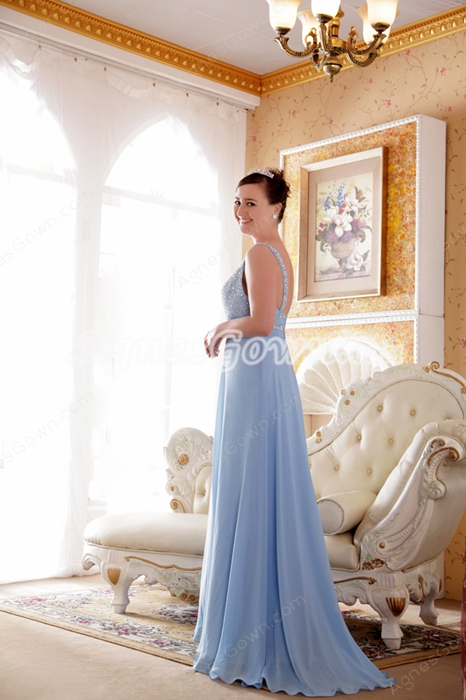 V-Neckline A-line Baby Blue Chiffon Prom Dress With Great Handwork 