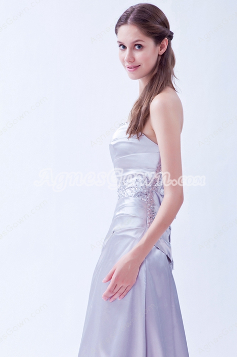 Elegance Strapless Column Full Length Silver Satin Formal Evening Gown 