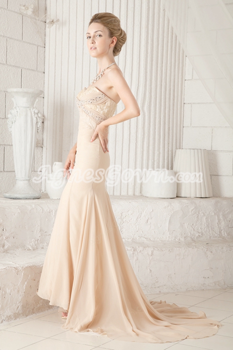 Sheath Floor Length Champagne Chiffon Prom Dress 2016