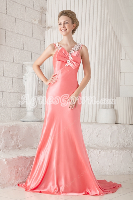 Charming Straps A-line Floor Length Watermelon Satin Prom Dress 2016