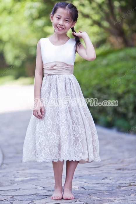 White & Champagne Tea Length Lace Flower Girl Dress