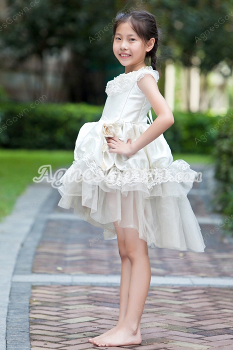Scoop Neckline Ivory Satin And Tulle High Low Flower Girl Dress 