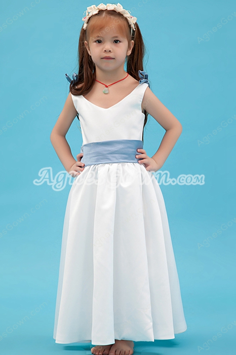 Blue & White Ankle Length Little Girls Dress 