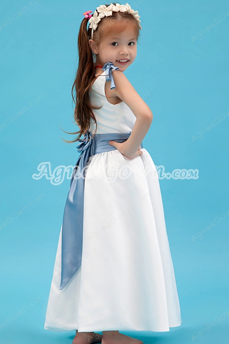 Blue & White Ankle Length Little Girls Dress 