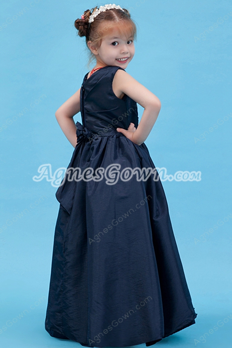 V-Neckline Full Length Dark Navy Taffeta Little Girl Pageant Dress 