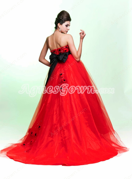 Dipped Neckline Red Tulle Princess Quinceanera Dress With Bowknot 