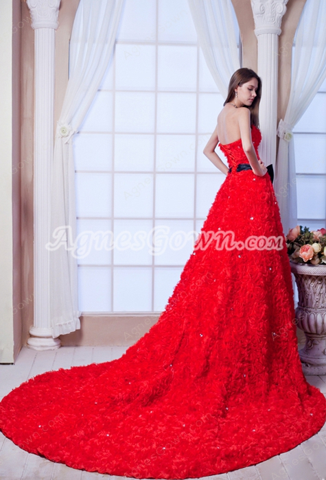 Unique Strapless A-line Gothic Red Wedding Dress With Black Sash 