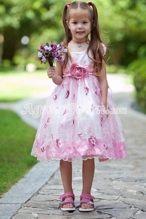 Short Sleeves White & Pink Lace Flower Girl Dress 