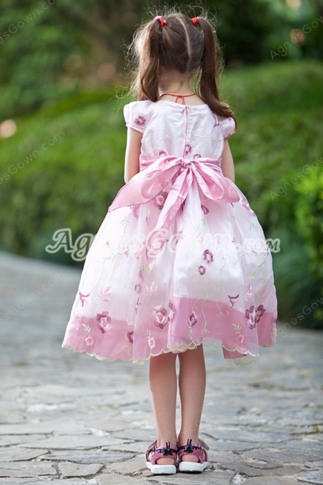 Short Sleeves White & Pink Lace Flower Girl Dress 