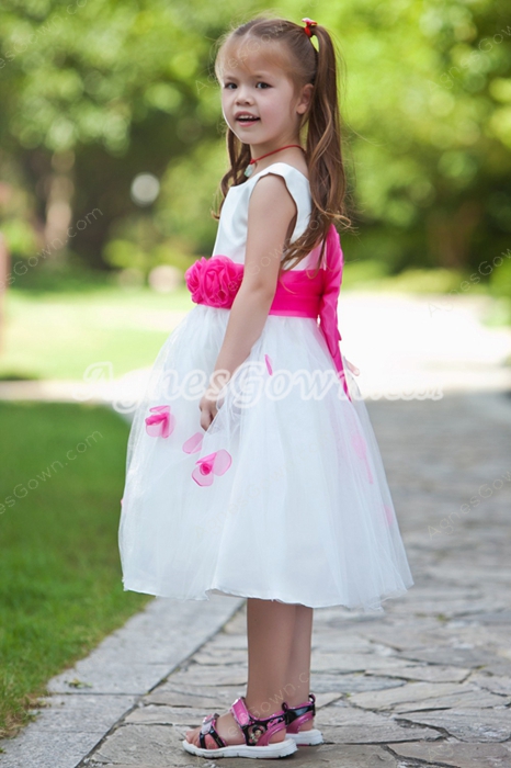 White & Fuchsia Tea Length Tutu Little Girls Pageant Dress 