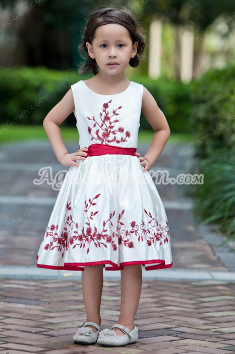 Square Neckline Red & White Knee Length Embroidery Toddler Girl Dress 