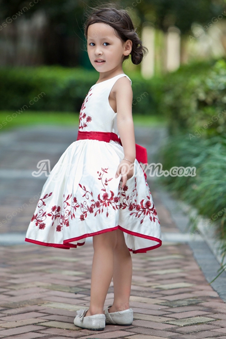 Square Neckline Red & White Knee Length Embroidery Toddler Girl Dress 