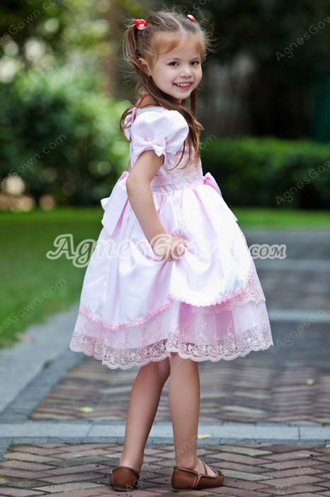 Mini Length Short Sleeves Pink Lace Flower Girl Dress 