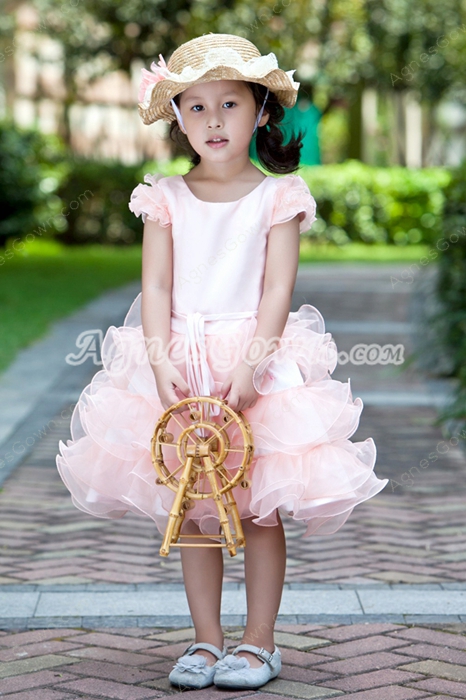Short Sleeves Knee Length Ball Gown Pink Little Girls Party Dress 